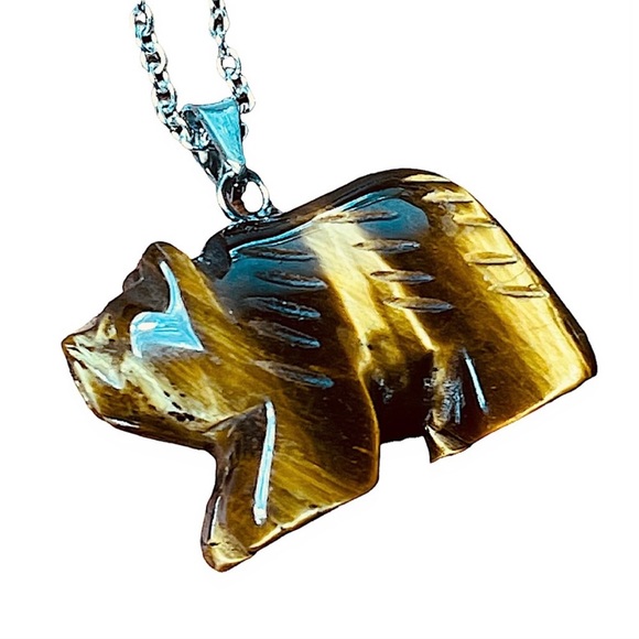 Bear tigers eye glossy metallic charm carved pendant necklace on silver chain - Picture 2 of 16